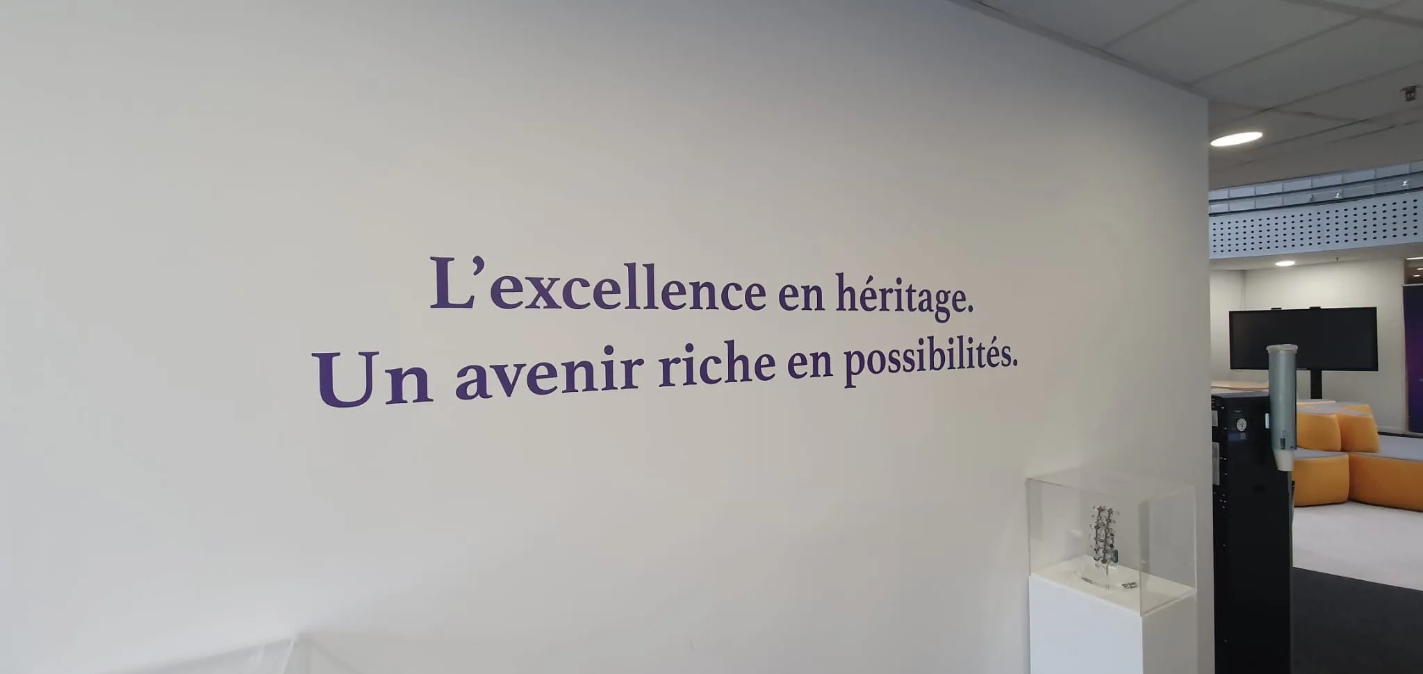 VB Spine, Cestas — lettrage adhésif de la signature de marque sur un mur d'accueil — réalisation PUBLI MENI